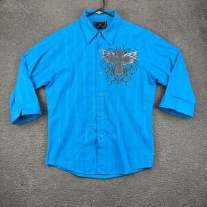 Meztizos Mens Blue Button Down Shirt Wings Y2k Emo Graphic 3/4 Sleeve Size M